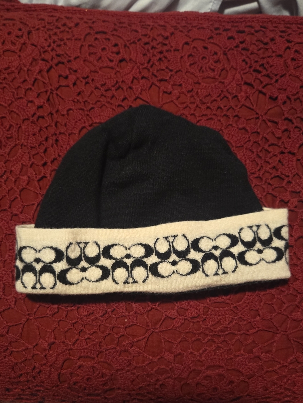 Coach Black Beanie with Cream Signature Logo Band